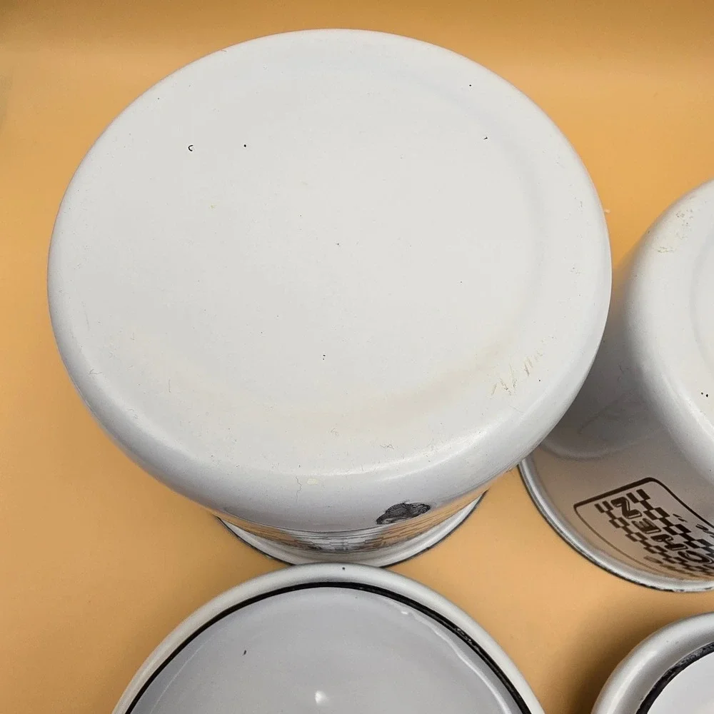 Vintage Mom's Kitchen Enamel Canister Set White Black Checkered 3 Piece Rustic